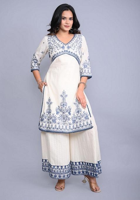 Off White Embroidered Cotton Palazzo Set With Dupatta