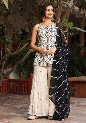 Off White Embroidered Cotton Sharara Set With Dupatta