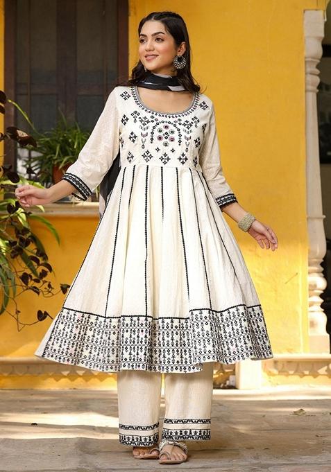 Off White Embroidered Cotton Salwar Kameez With Dupatta