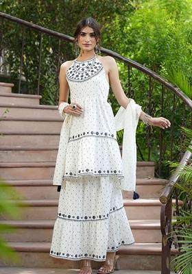 Off White Embroidered Cotton Sharara Set With Dupatta