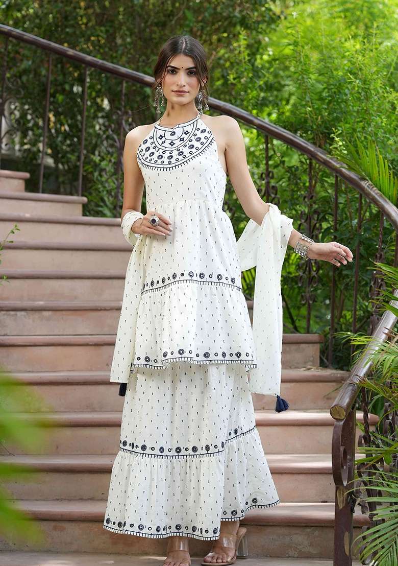 Off White Embroidered Cotton Sharara Set With Dupatta - Indya