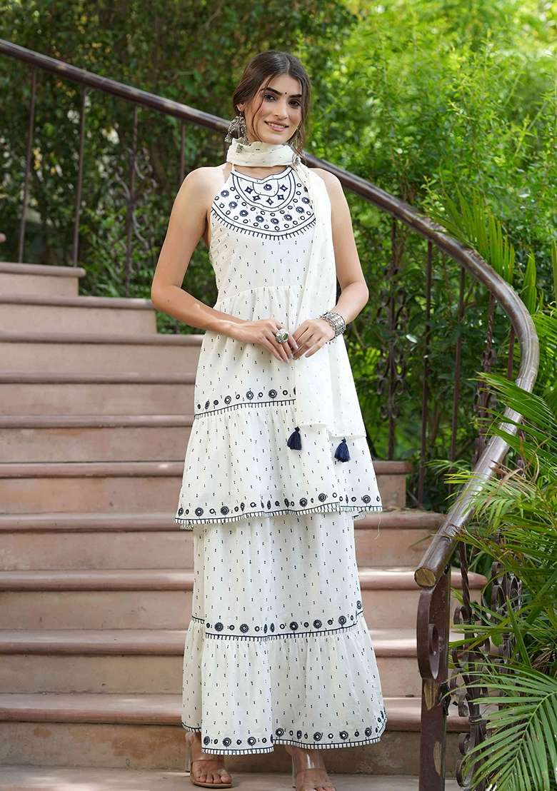 Off White Embroidered Cotton Sharara Set With Dupatta - Indya