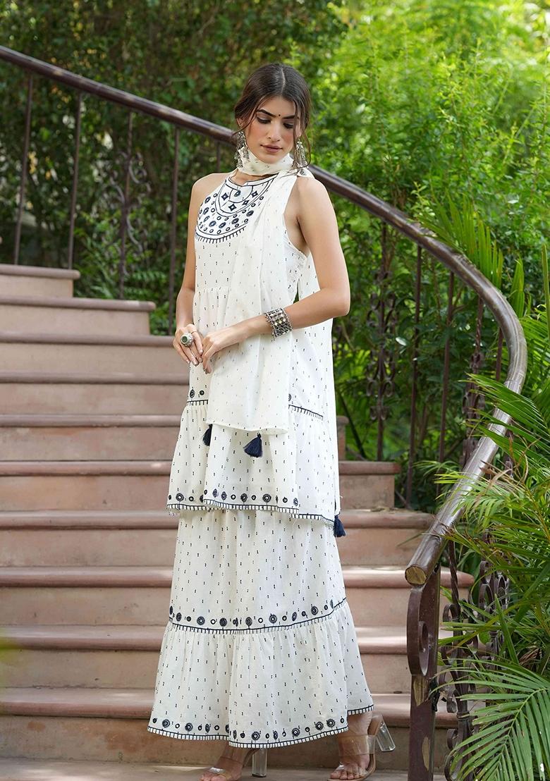 Off White Embroidered Cotton Sharara Set With Dupatta