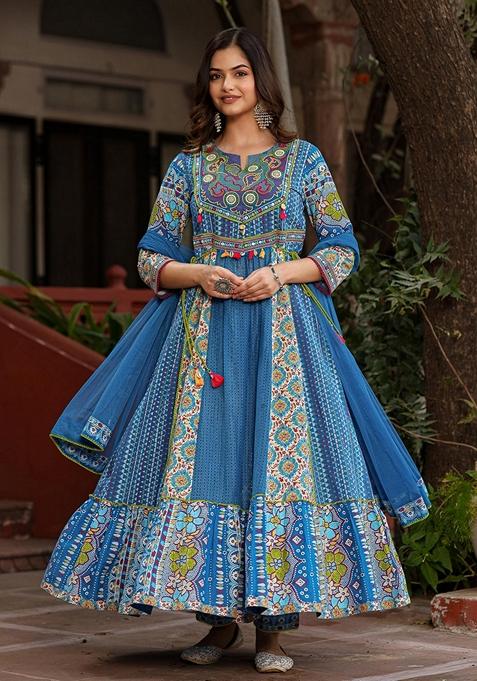 Blue Printed Cotton Salwar Kameez With Dupatta