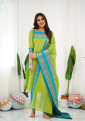 Parrot Green Embroidered Cotton Salwar Kameez With Dupatta