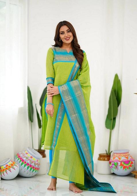 Parrot Green Embroidered Cotton Salwar Kameez With Dupatta