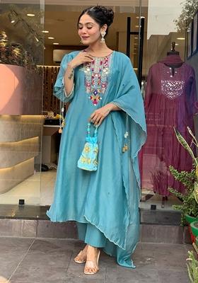 Sky Blue Embroidered Chanderi Salwar Kameez With Dupatta