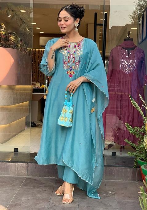 Sky Blue Embroidered Chanderi Salwar Kameez With Dupatta
