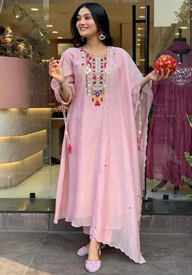 Pink Embroidered Chanderi Salwar Kameez With Dupatta