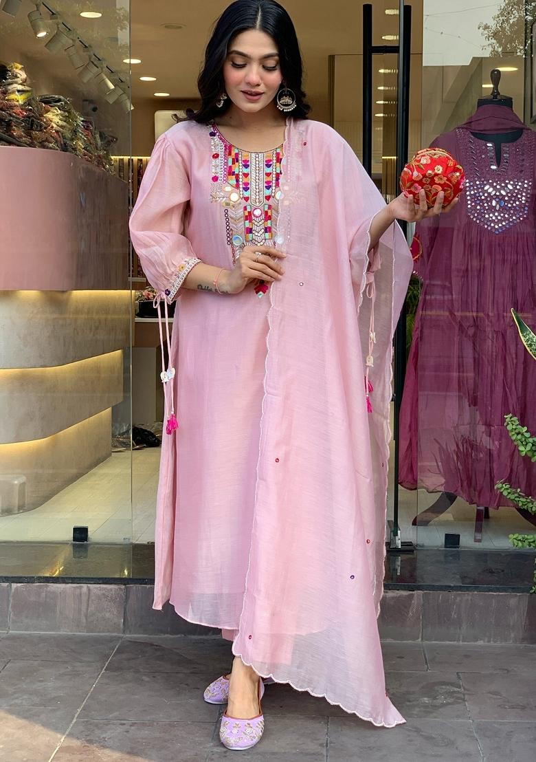 Pink Embroidered Chanderi Salwar Kameez With Dupatta