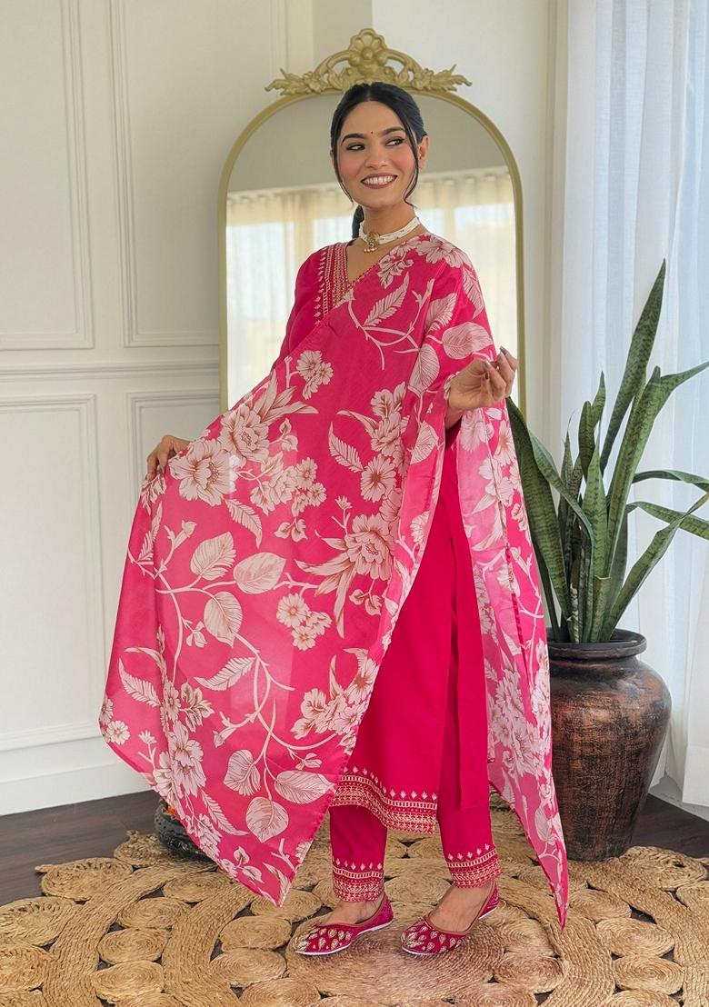 Rani Pink Embroidered Rayon Salwar Kameez With Dupatta