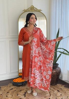 Orange Embroidered Rayon Salwar Kameez With Dupatta