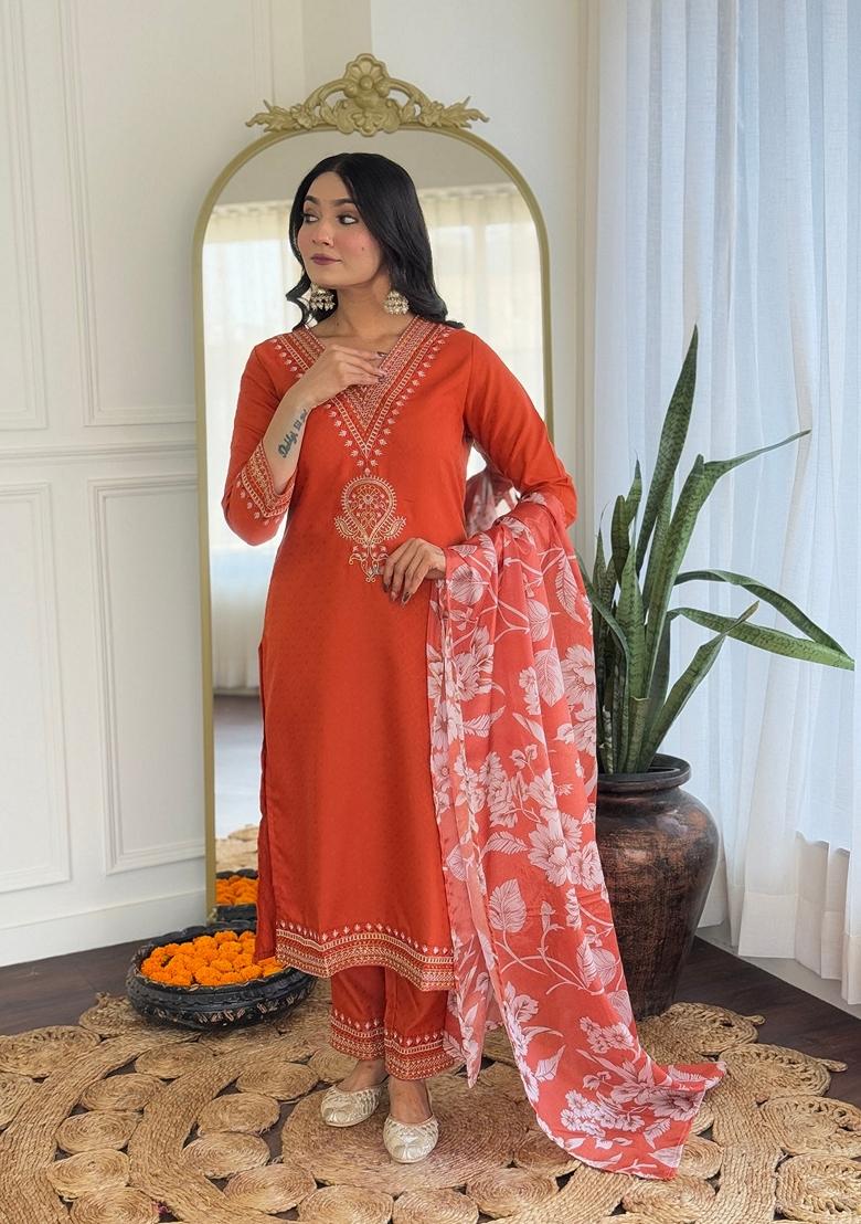 Orange Embroidered Rayon Salwar Kameez With Dupatta