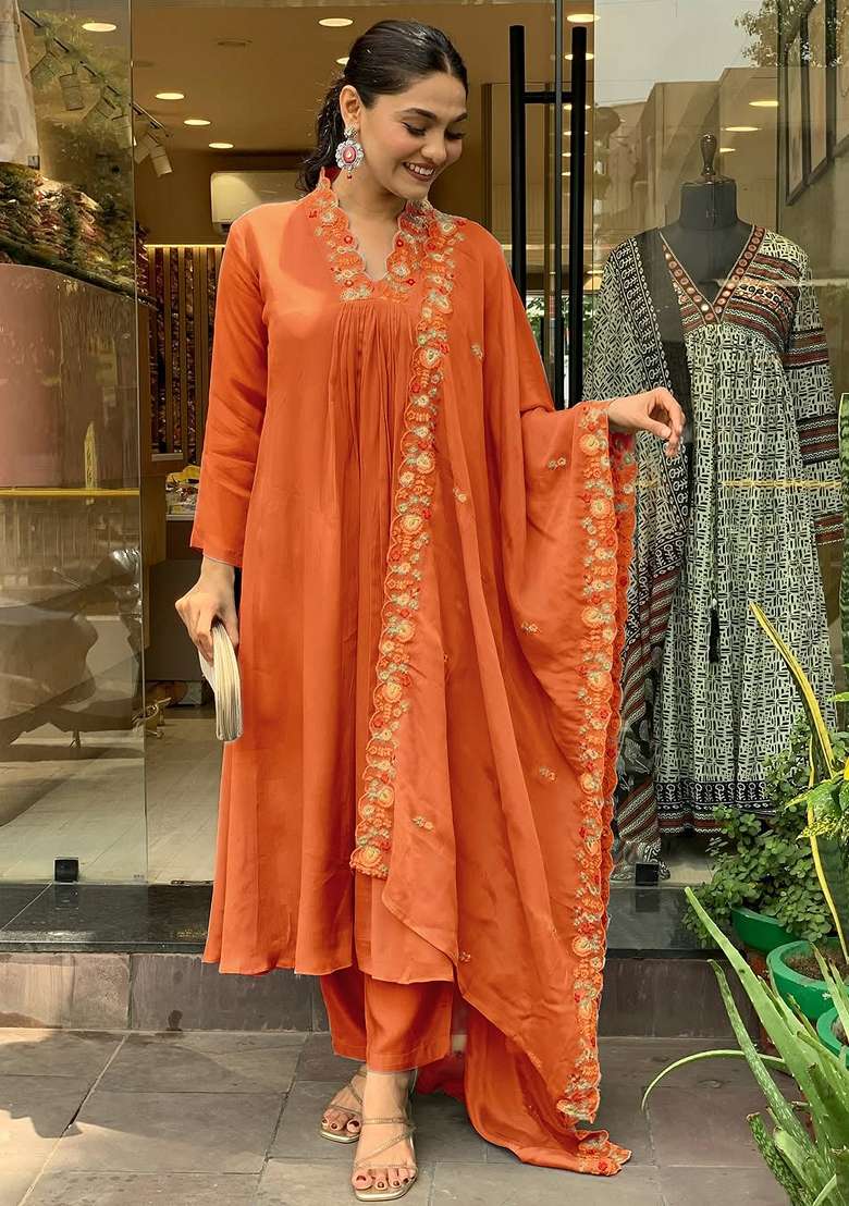 Orange Embroidered Chinnon Salwar Kameez With Dupatta - Indya