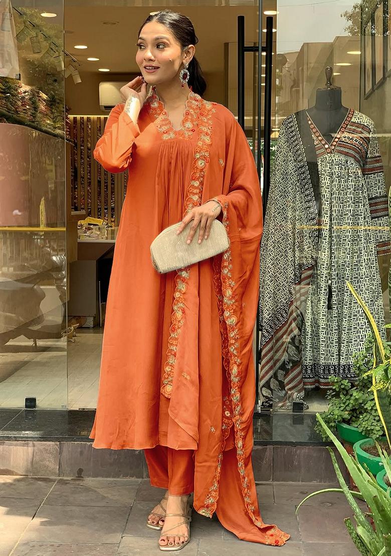 Orange Embroidered Chinnon Salwar Kameez With Dupatta