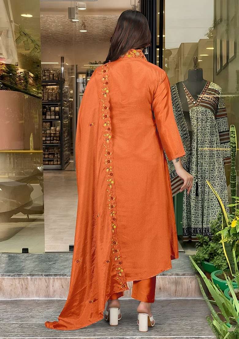 Orange Embroidered Chinnon Salwar Kameez With Dupatta - Indya