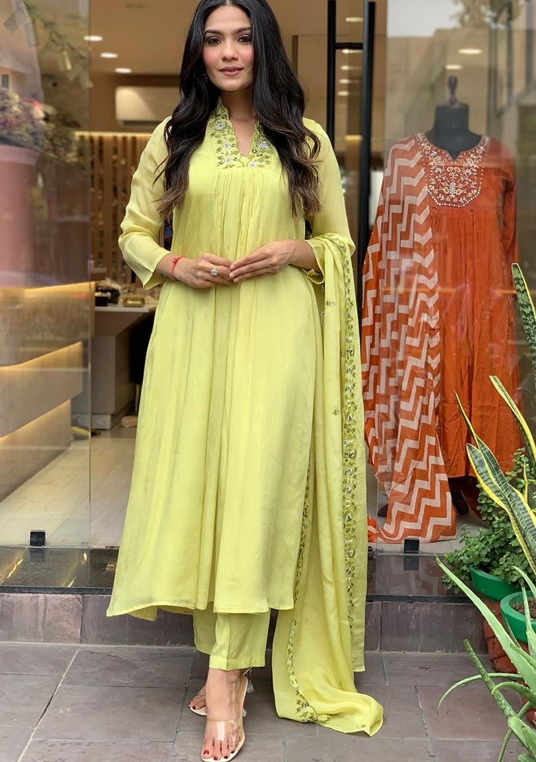 Lemon Green Embroidered Chinnon Salwar Kameez With Dupatta