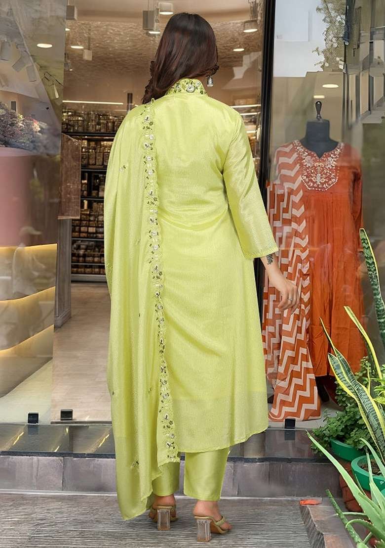 Lemon Green Embroidered Chinnon Salwar Kameez With Dupatta - Indya