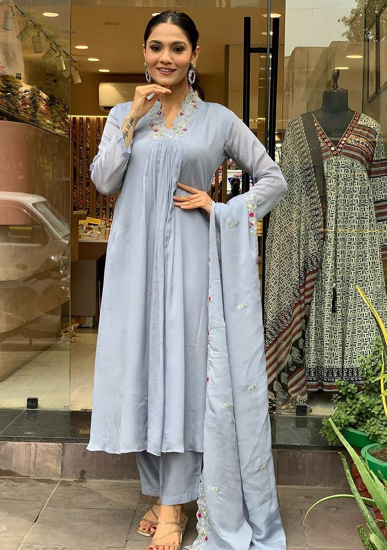 Grey Embroidered Chinnon Salwar Kameez With Dupatta