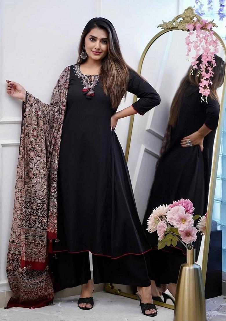 Black Embroidered Viscose Salwar Kameez With Dupatta
