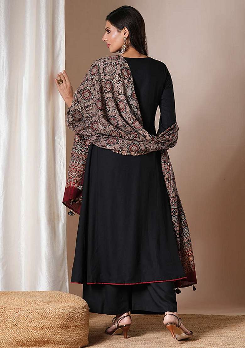 Black Solid Viscose Anarkali Set - Indya