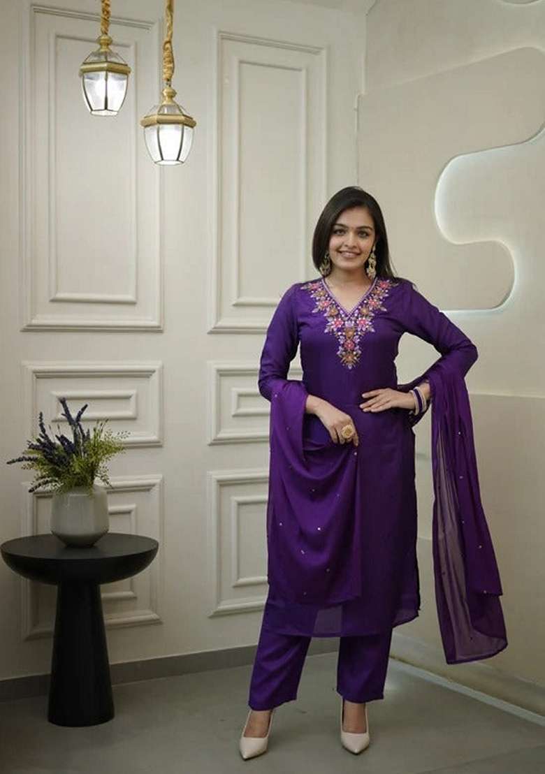 Purple Embroidered Vichitra Salwar Kameez With Dupatta - Indya