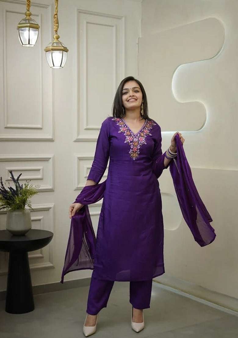 Purple Embroidered Vichitra Salwar Kameez With Dupatta - Indya