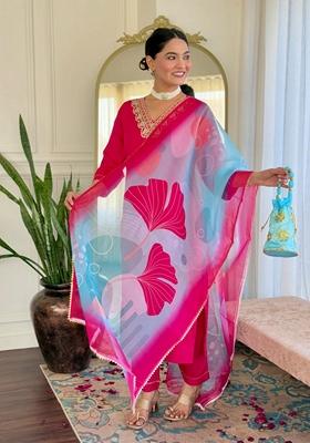Pink Embroidered Rayon Salwar Kameez With Dupatta