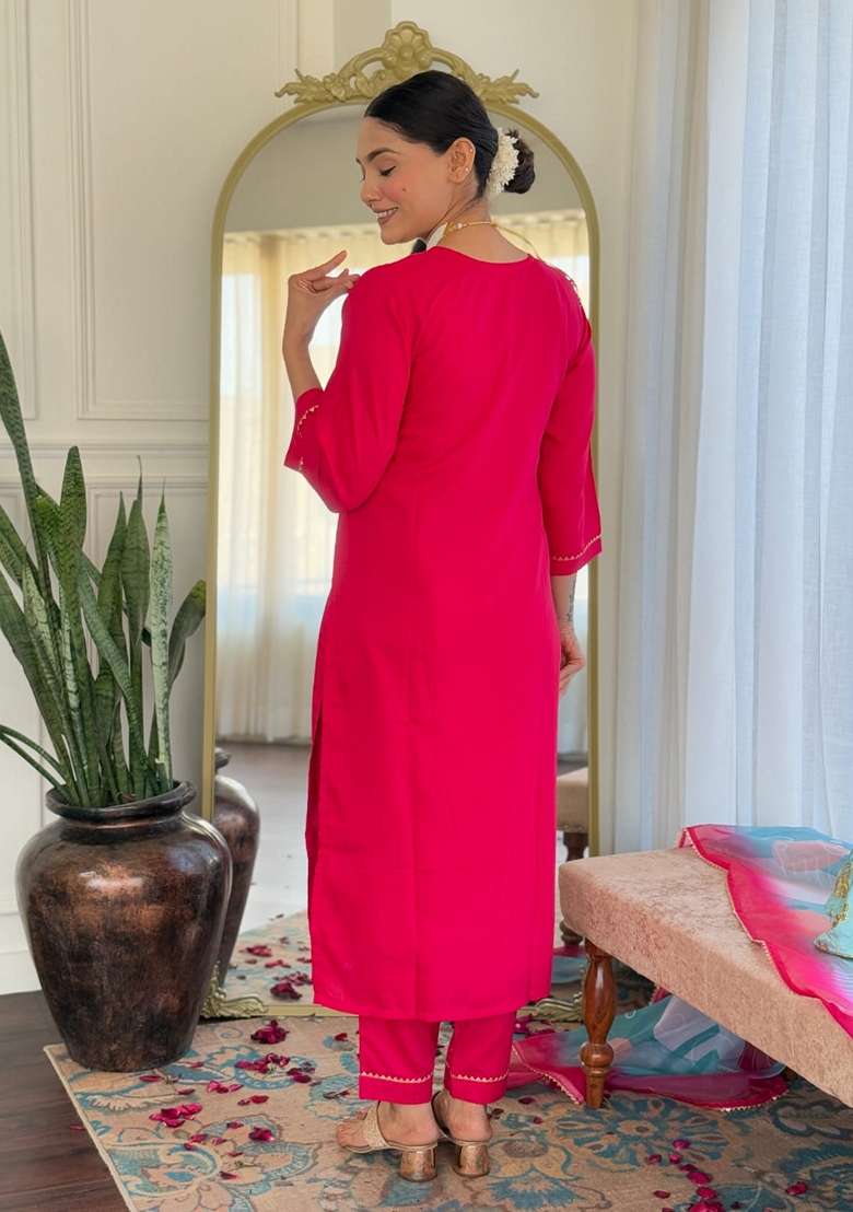 Pink Embroidered Rayon Salwar Kameez With Dupatta - Indya