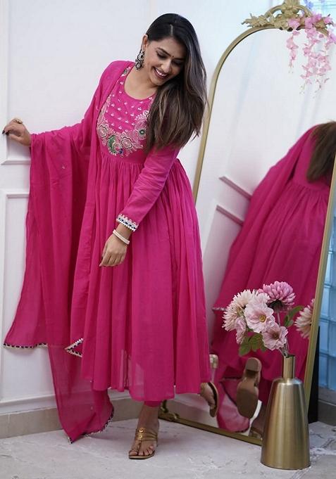Pink Embroidered Chinnon Salwar Kameez With Dupatta