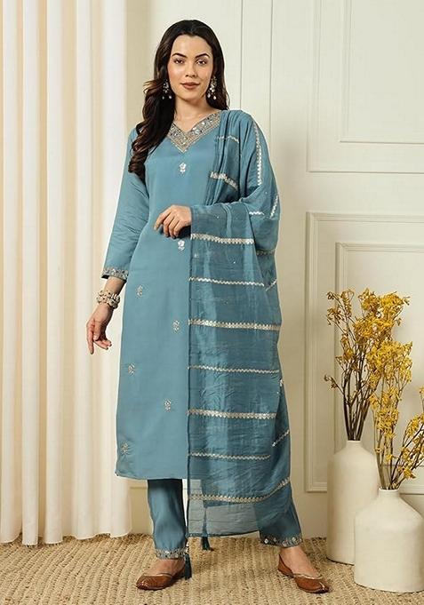 Teal Blue Embroidered Chanderi Salwar Kameez With Dupatta