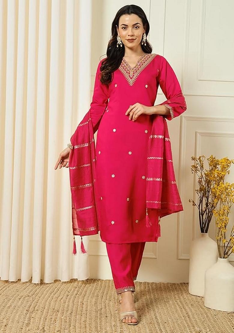 Red Embroidered Chanderi Salwar Kameez With Dupatta