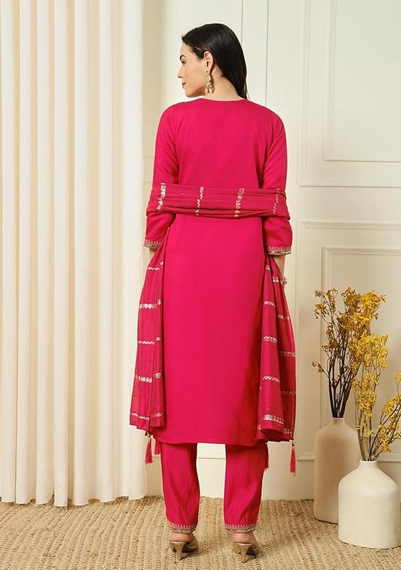 Red Embroidered Chanderi Salwar Kameez With Dupatta