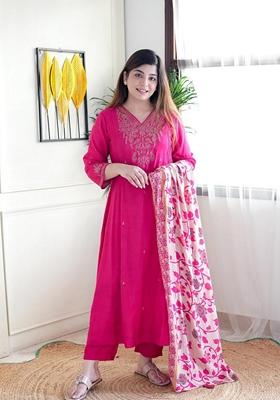 Pink Embroidered Chanderi Salwar Kameez With Dupatta