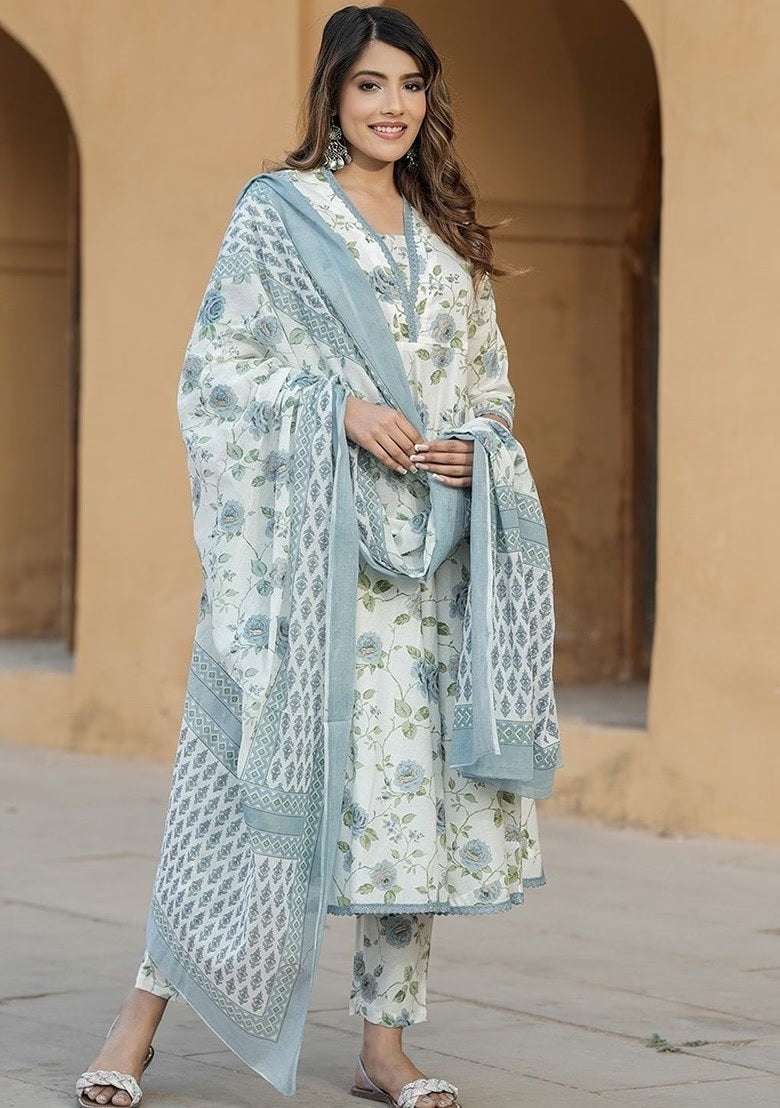 Rama Green Floral Print Cotton Straight Kurta Set - Indya