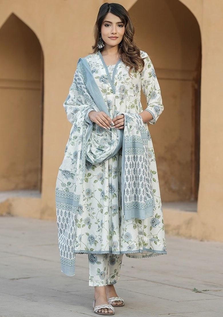 Rama Green Printed Cotton Slub Salwar Kameez With Dupatta