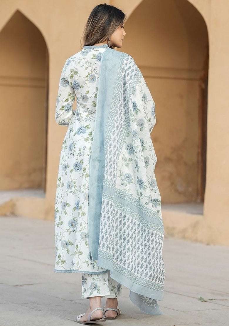 Rama Green Floral Print Cotton Straight Kurta Set - Indya
