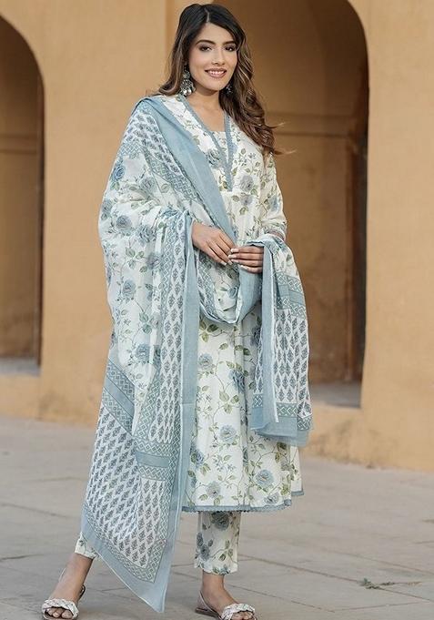 Rama Green Printed Cotton Slub Salwar Kameez With Dupatta