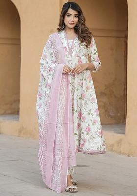 Pink Printed Cotton Slub Salwar Kameez With Dupatta