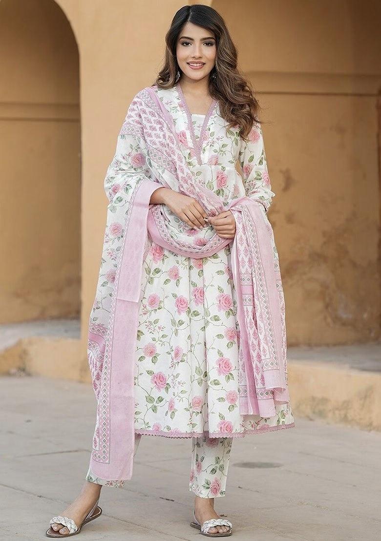 Pink Printed Cotton Slub Salwar Kameez With Dupatta