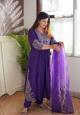 Purple Embroidered Chanderi Salwar Kameez With Dupatta