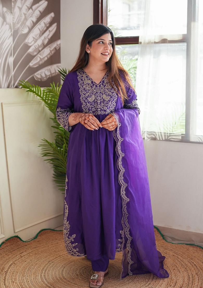 Purple Embroidered Chanderi Salwar Kameez With Dupatta