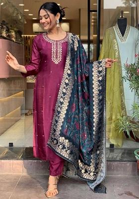Maroon Embroidered Rayon Salwar Kameez With Dupatta