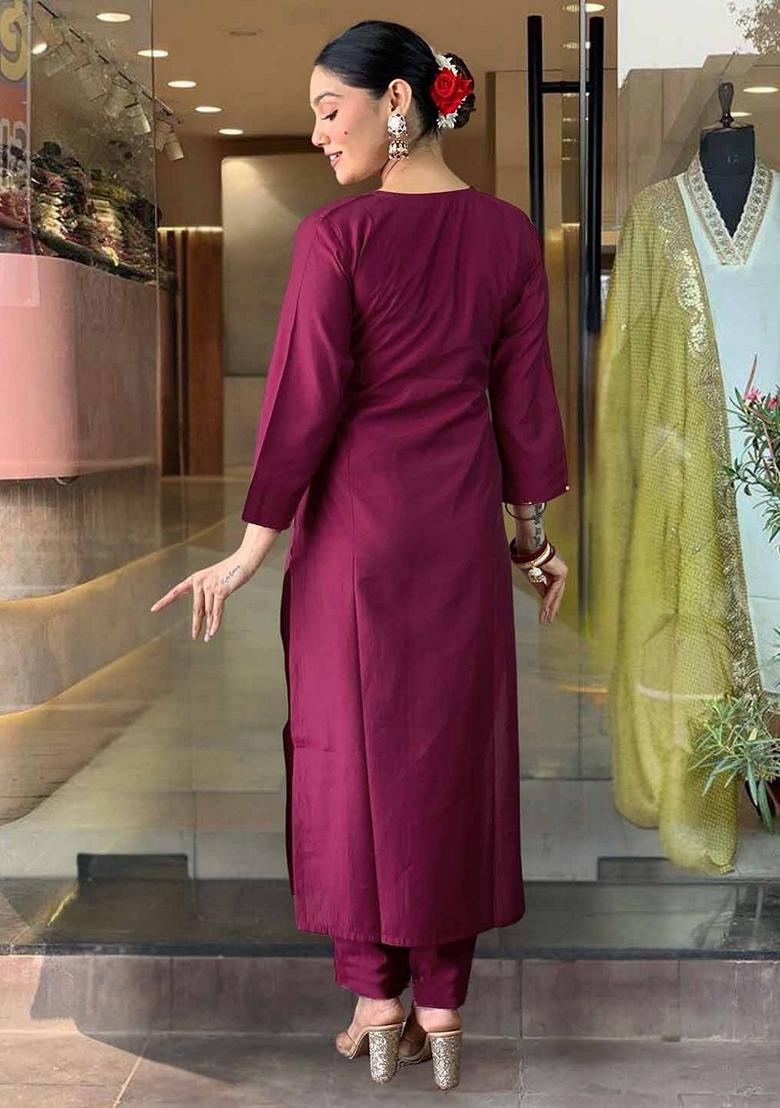 Maroon Embroidered Rayon Salwar Kameez With Dupatta