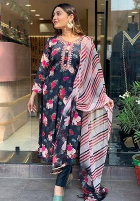 Navy Blue Embroidered Viscose Silk Salwar Kameez With Dupatta