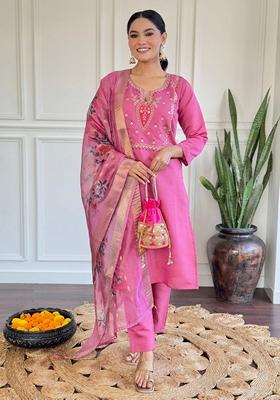 Pink Embroidered Chanderi Salwar Kameez With Dupatta