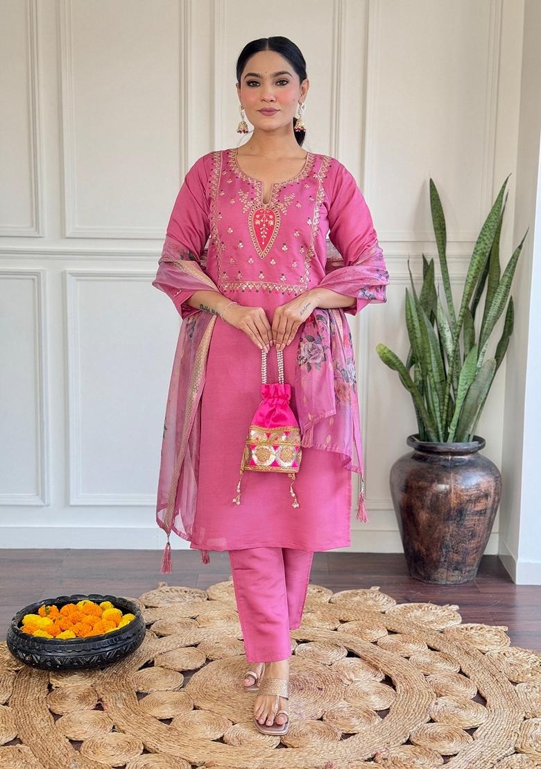 Pink Embroidered Chanderi Salwar Kameez With Dupatta