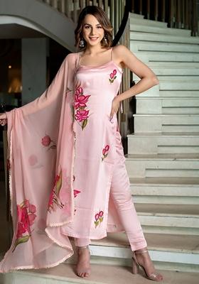 Pink Embroidered Viscose Salwar Kameez With Dupatta