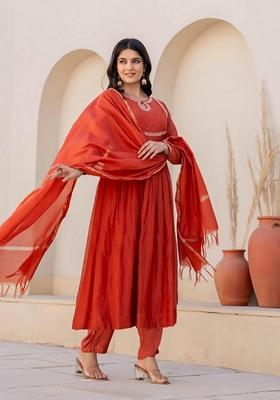 Orange Embroidered Viscose Silk Salwar Kameez With Dupatta