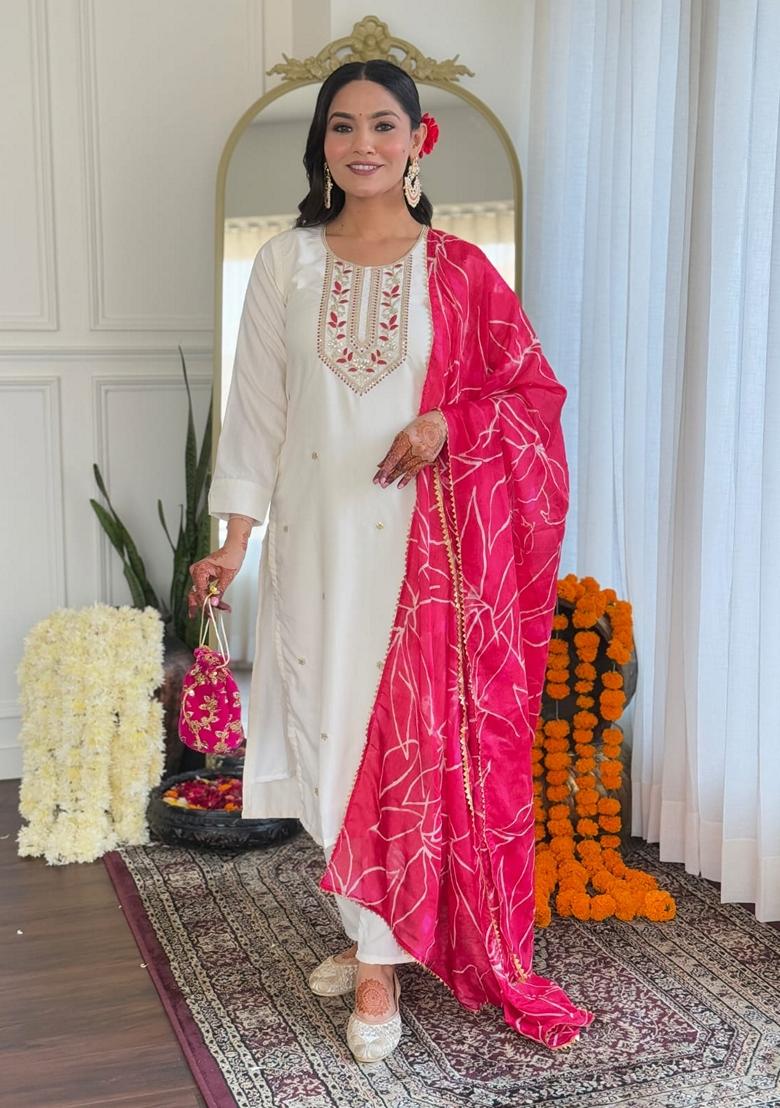 Off White Embroidered Rayon Salwar Kameez With Dupatta